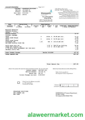 USA Minnesota Minneapolis City of Lakes business utility bill template in Word and PDF formats